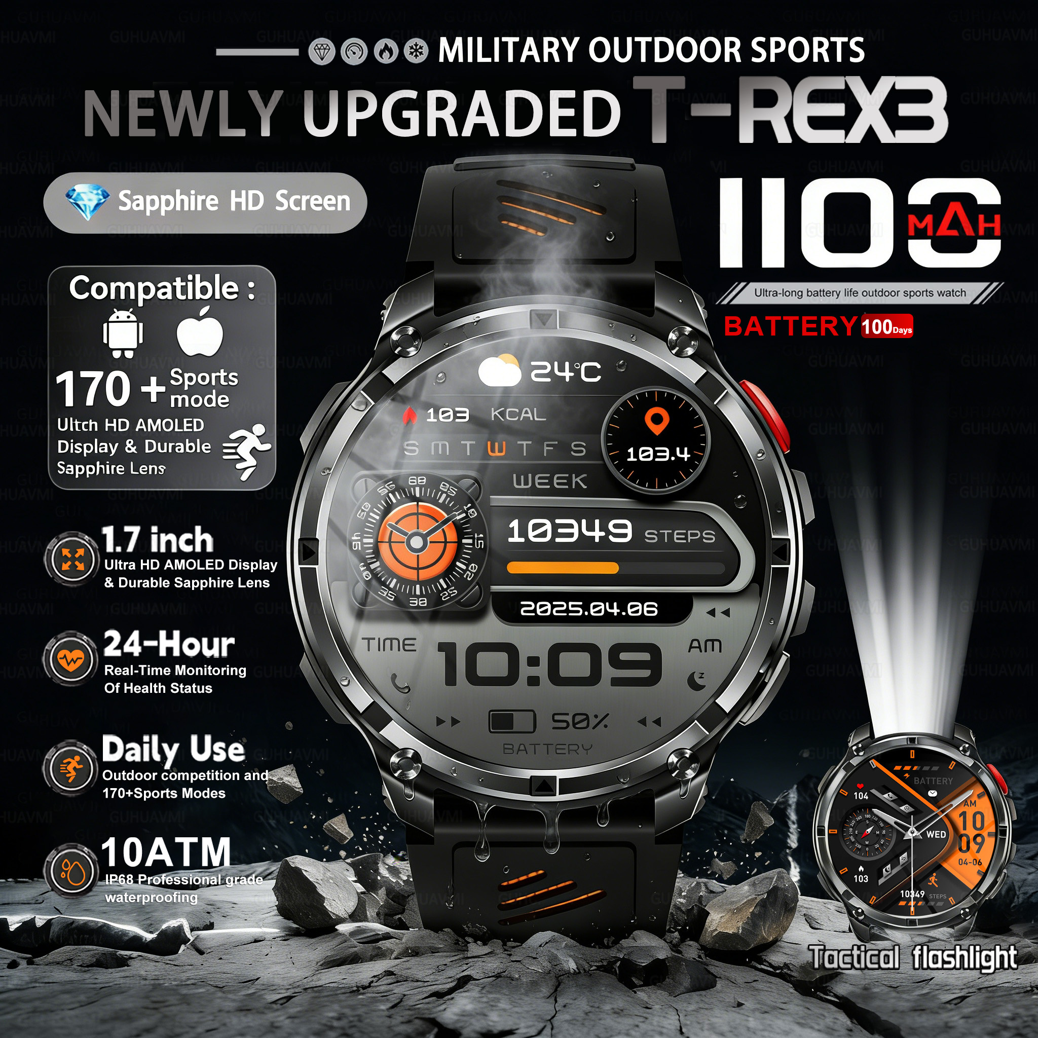 Outdoor Lighting Japan - T-REX 3 Military Smartwatch Men 1100mAh